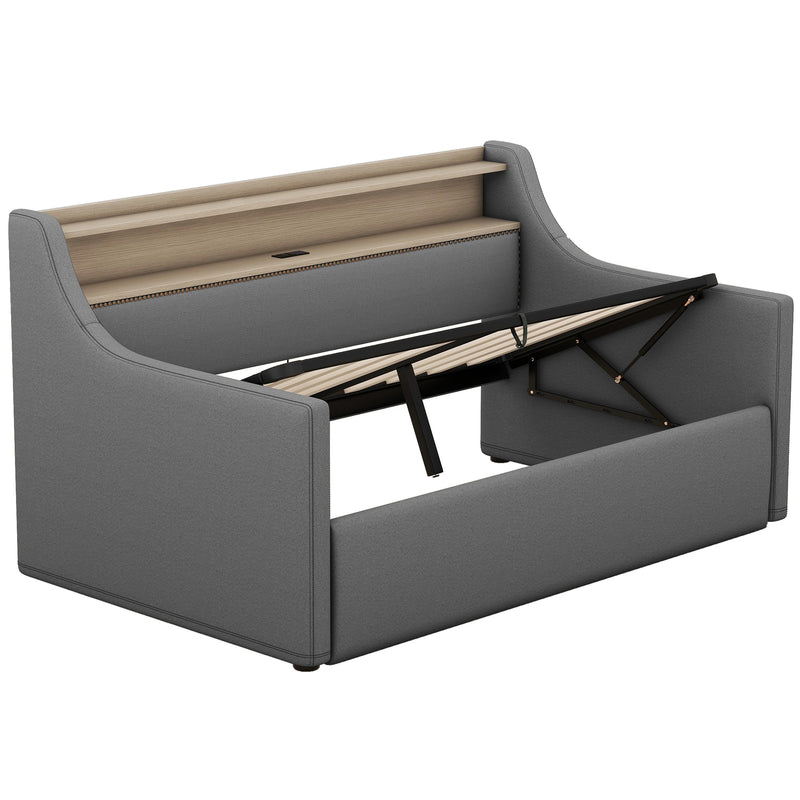 Twin Size Daybed with Hydraulic Storage, Upholstered Daybed with Lift Up Storage, Twin Linen Daybed with Charging Station and LED Lights,Gray(Expect arrival date 2024.2.20)