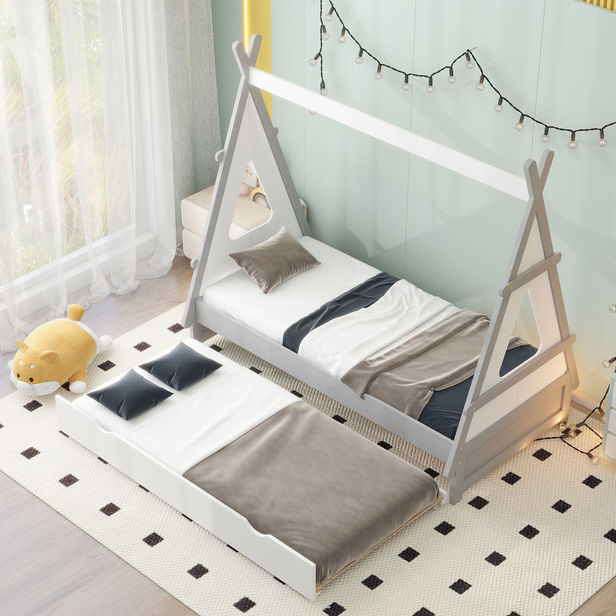 Twin Size Tent Floor Bed with Pull-out Twin Size Trundle, White - Atlantic Fine Furniture Melbourne FL