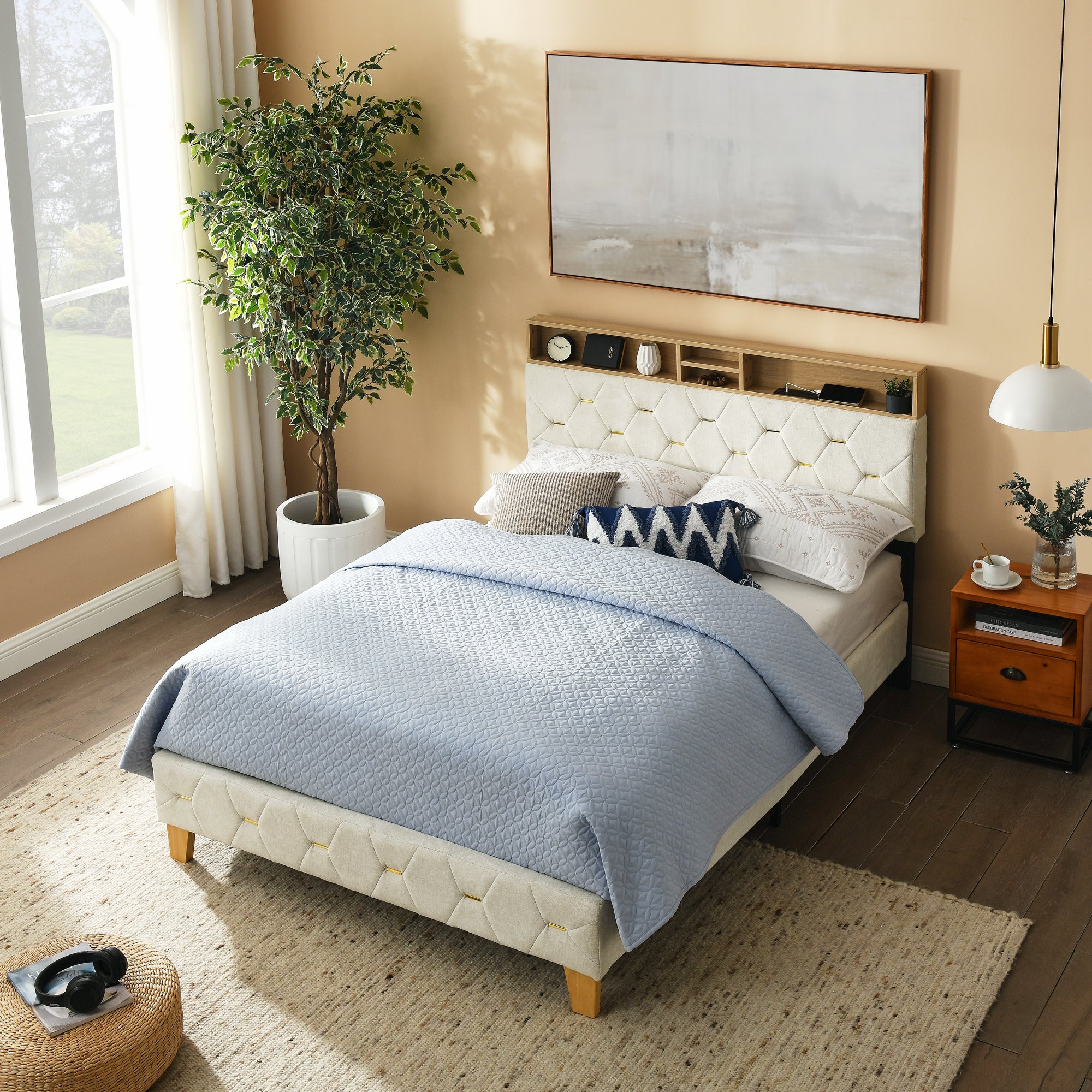 Full Size Bed Frame, Shelf Upholstered Headboard, Platform Bed with Outlet & USB Ports, Wood Legs, No Box Spring Needed, Easy Assembly, Beige - Atlantic Fine Furniture Melbourne FL