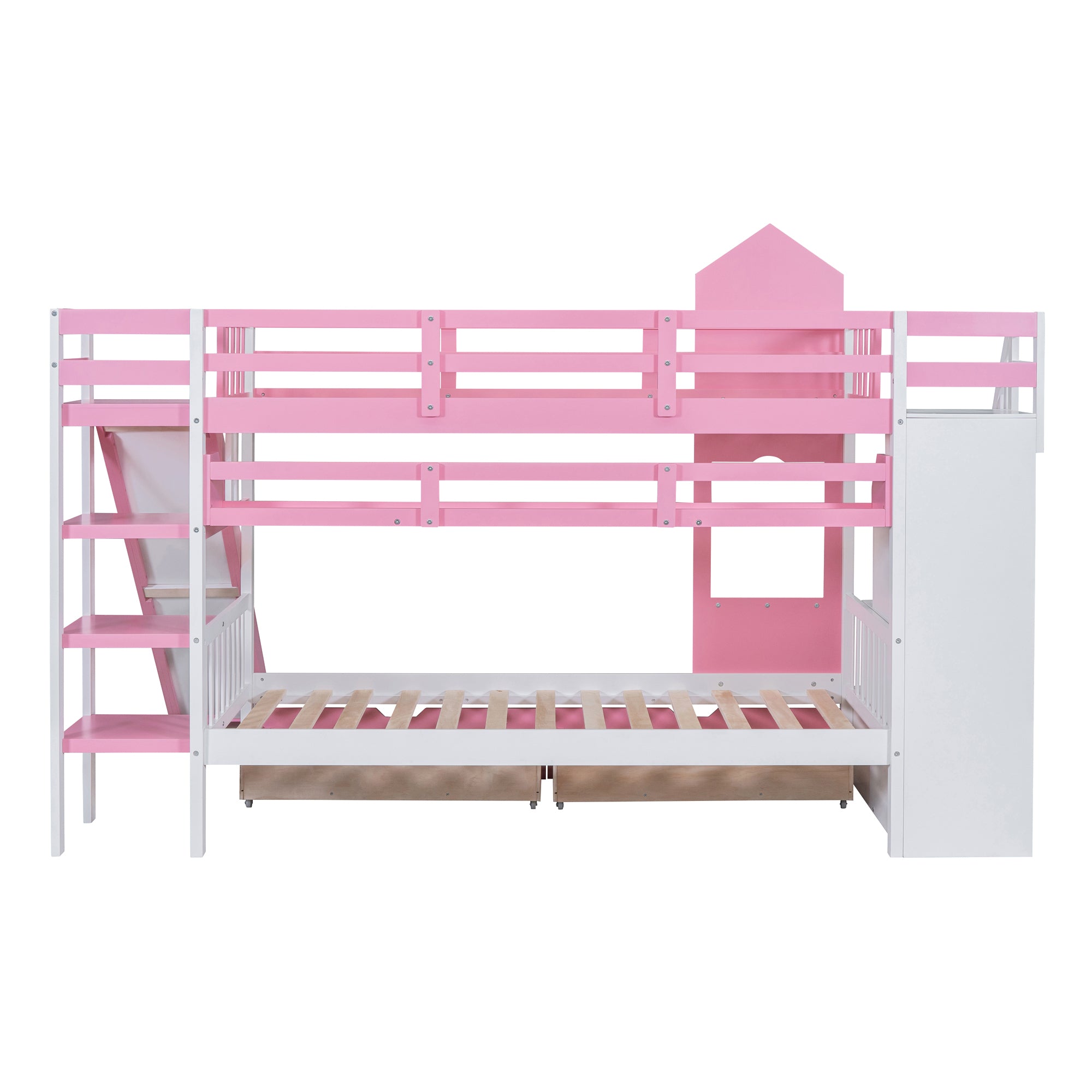 Twin-Over-Twin Castle Style Bunk Bed with 2 Drawers 3 Shelves and Slide - Pink - Atlantic Fine Furniture Melbourne FL