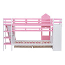 Twin-Over-Twin Castle Style Bunk Bed with 2 Drawers 3 Shelves and Slide - Pink