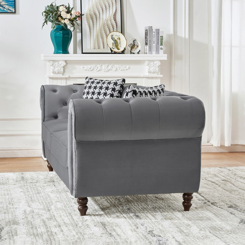 Chesterfield 3 And 2 Seater Velvet Upholstery Sofa With Roll Armrest & Nailhead Fabric Couch