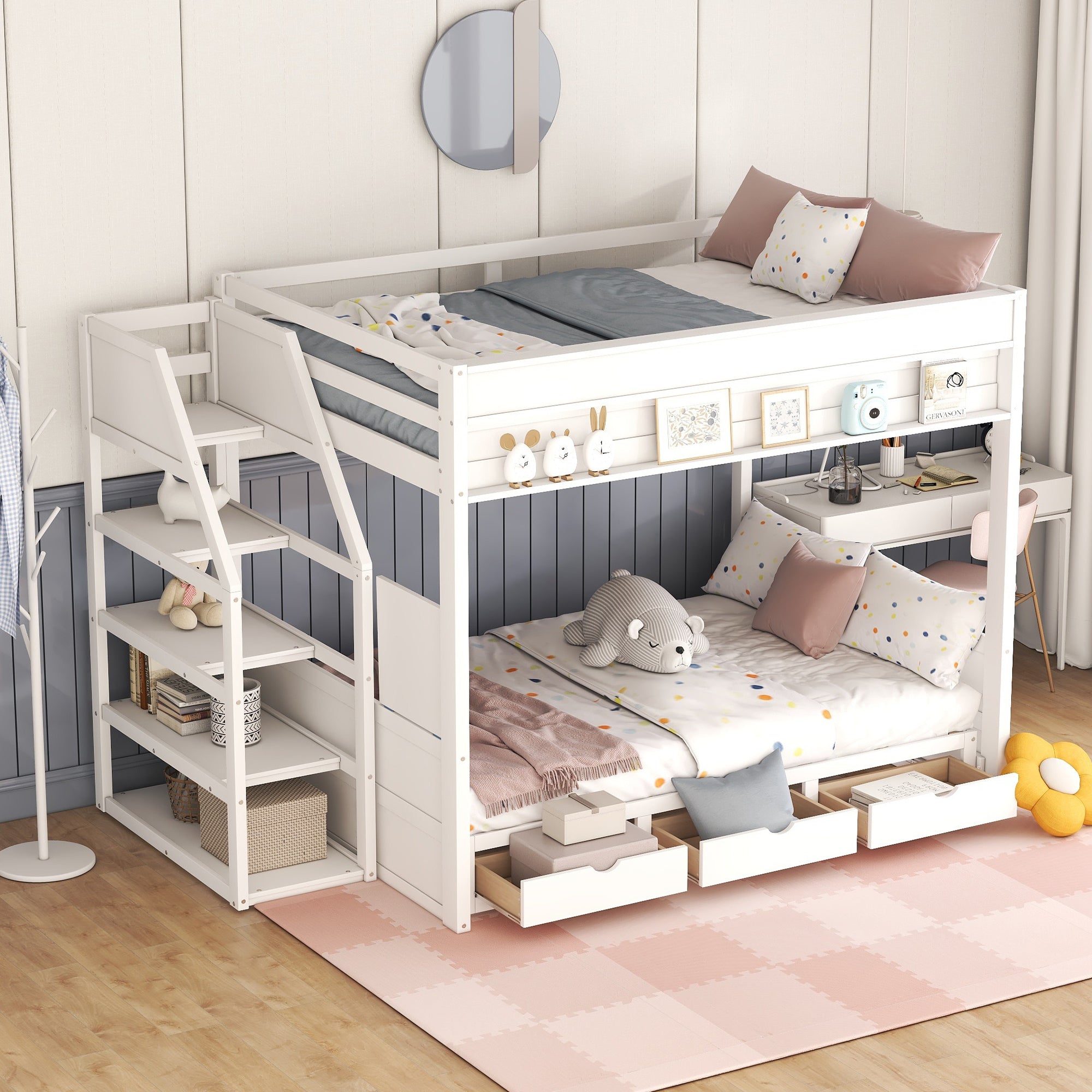 Wood Full Size Convertible Bunk Bed with Storage Staircase, Bedside Table, and 3 Drawers, White - Atlantic Fine Furniture Melbourne FL