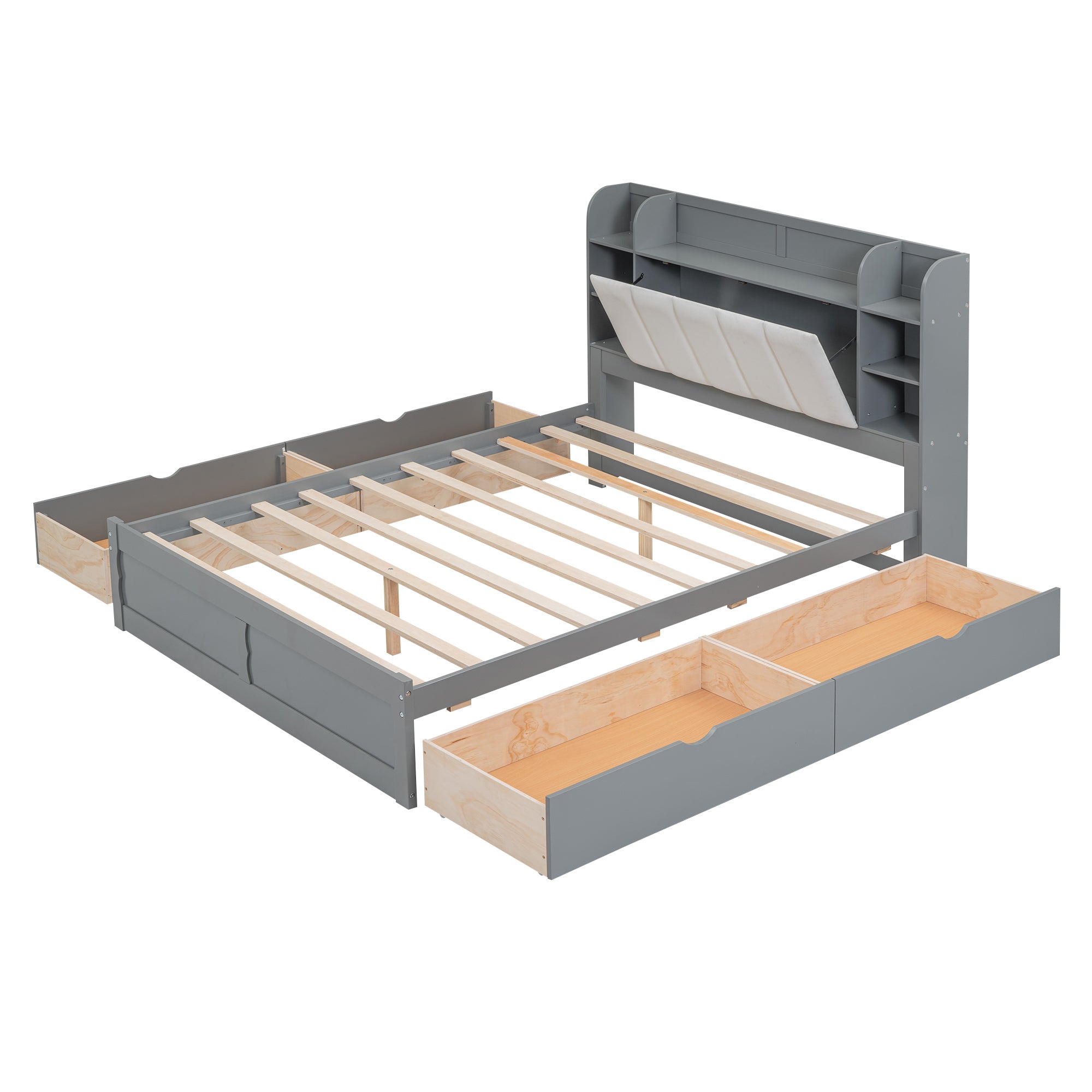 Wood Queen Size Platform Bed with Storage Headboard, Shelves and 4 Drawers, Gray - Atlantic Fine Furniture Melbourne FL