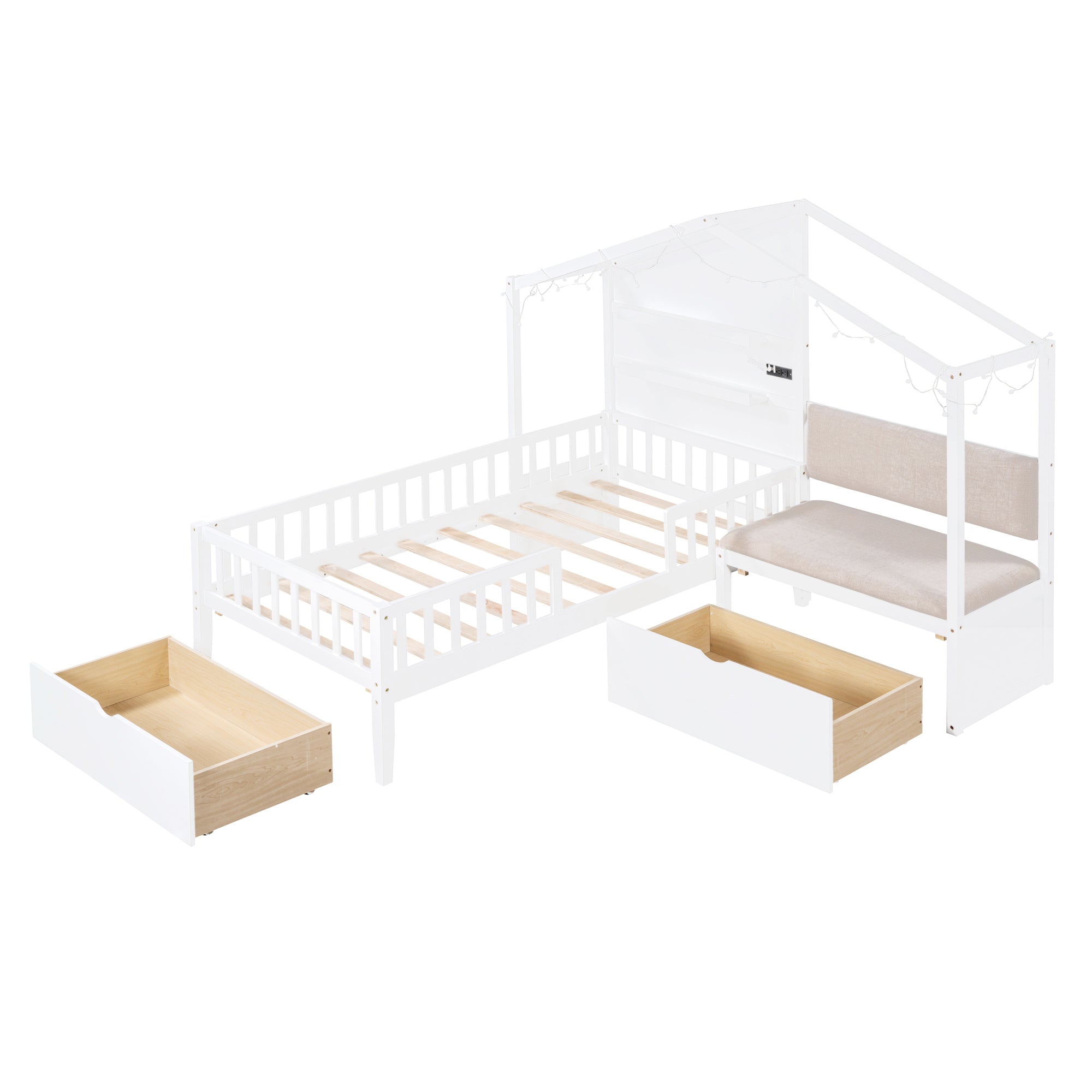 Twin Size House Bed with Upholstered Sofa, House Bed with Charging Station, Wireless Charging, Shelves and Two Drawers, White - Atlantic Fine Furniture Melbourne FL