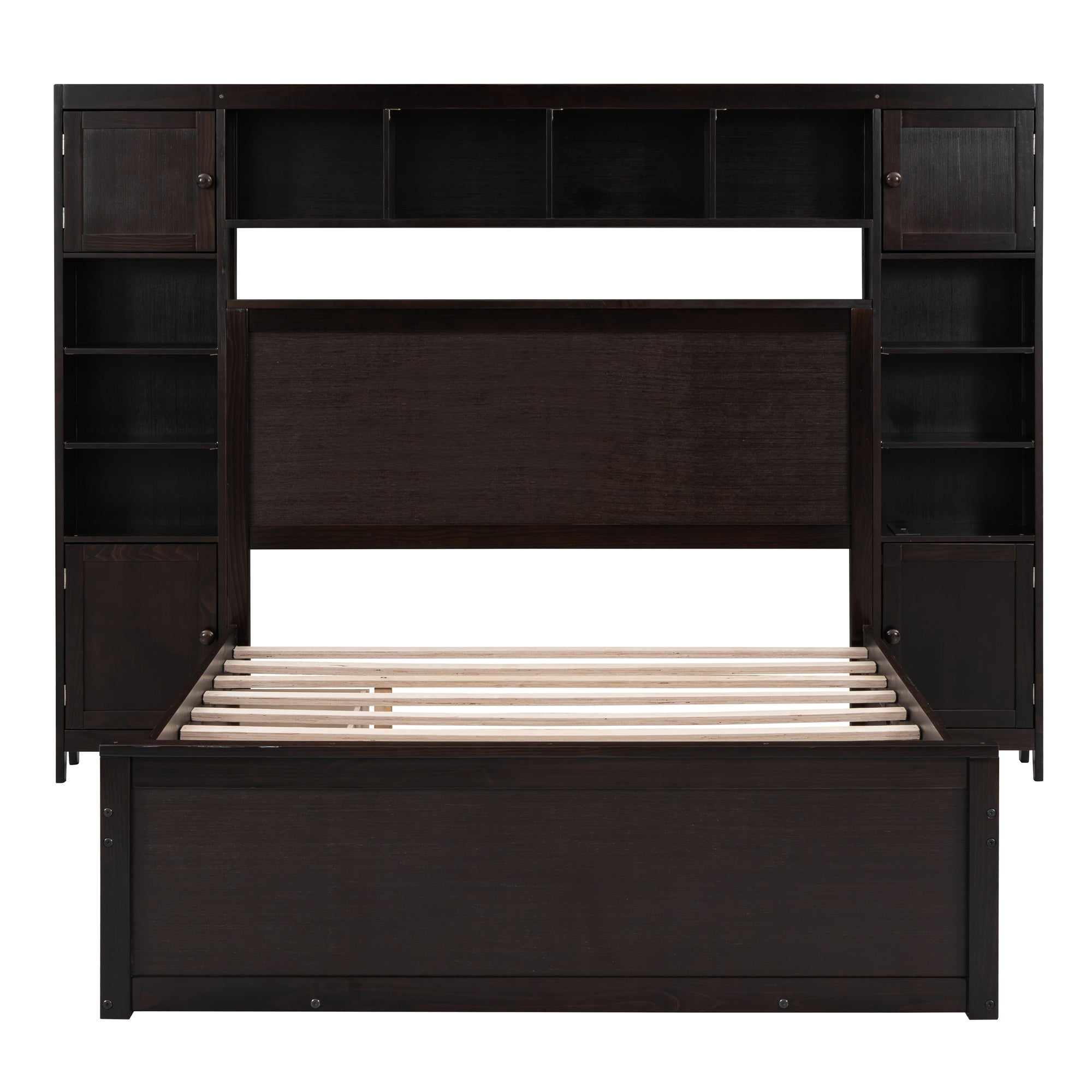 Full Size Wooden Bed With All-in-One Cabinet, Shelf and Sockets, Espresso - Atlantic Fine Furniture Melbourne FL