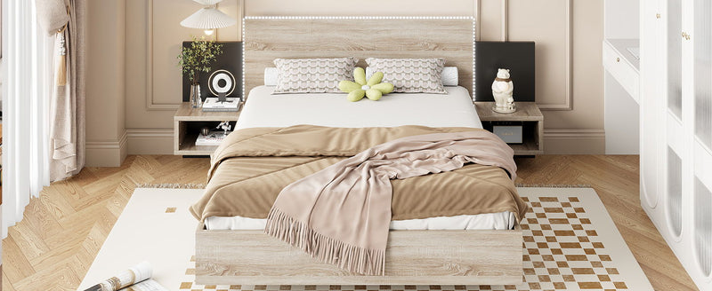 Floating Platform Bed, With LED Lights, Bedside Nightstand