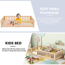 Twin Size Bed Floor Bed with Safety Guardrails and Door for Kids, Natural