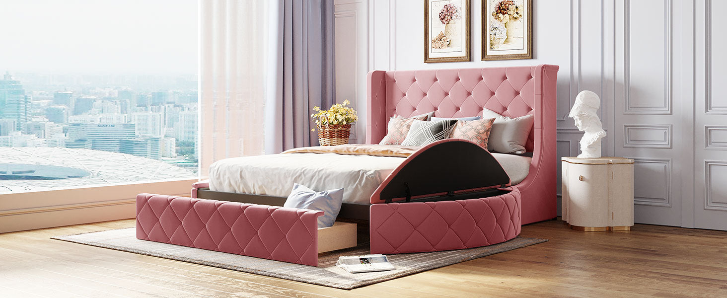 Upholstered Platform Bed Queen Size Storage Velvet Bed with Wingback Headboard and 1 Big Drawer,2 Side Storage Stool(Pink) - Atlantic Fine Furniture Melbourne FL