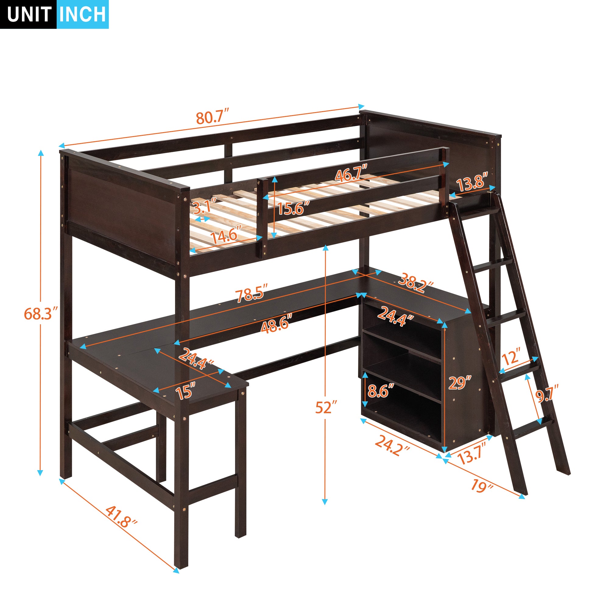Twin size Loft Bed with Shelves and Desk, Wooden Loft Bed with Desk - Espresso(OLD SKU:LT000537AAP) - Atlantic Fine Furniture Melbourne FL