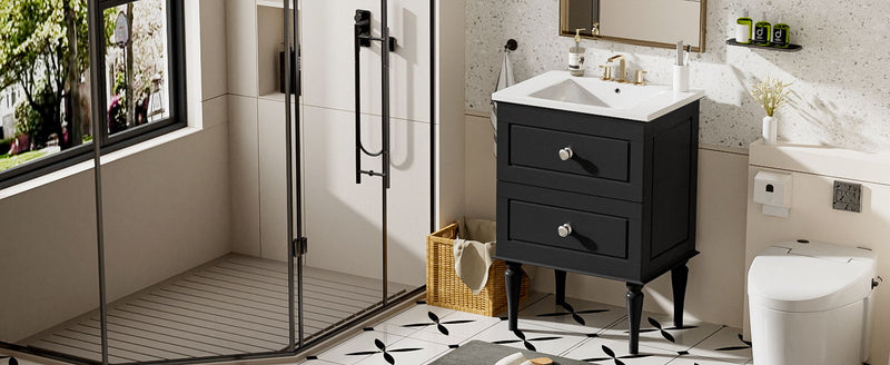 Bathroom Vanity Cabinet With Ceramic Sink Combo Set, Frame Modern Bathroom Storage Cabinet With 2 Drawers - Black