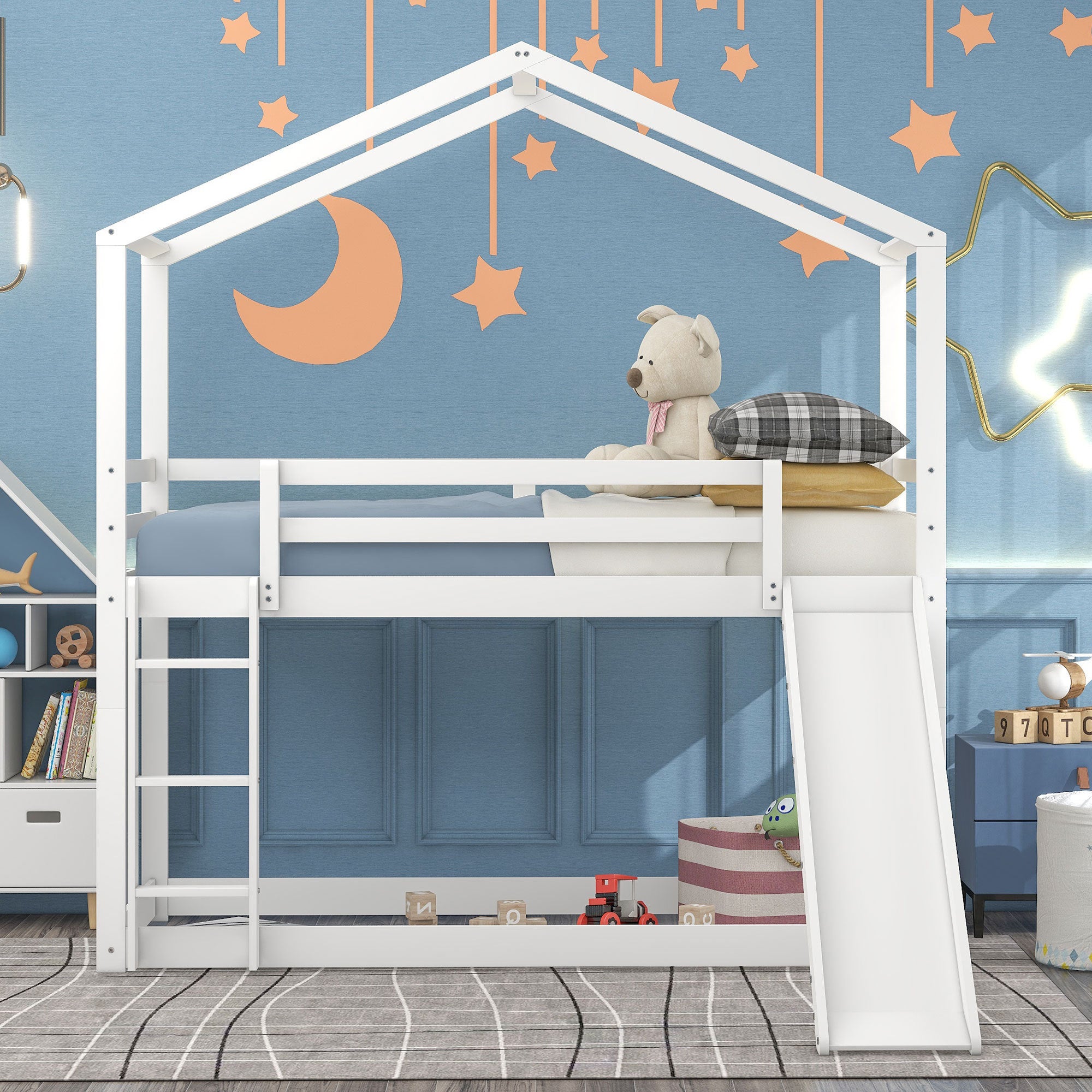 Twin Over Twin Bunk Bed with Roof, Slide and Ladder, White - Atlantic Fine Furniture Melbourne FL
