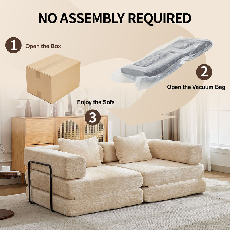 Convertible Floor Sofa Bed With Fixed Shape Frame, Loveseats Boneless Modular Sectional, For Living Room - Beige