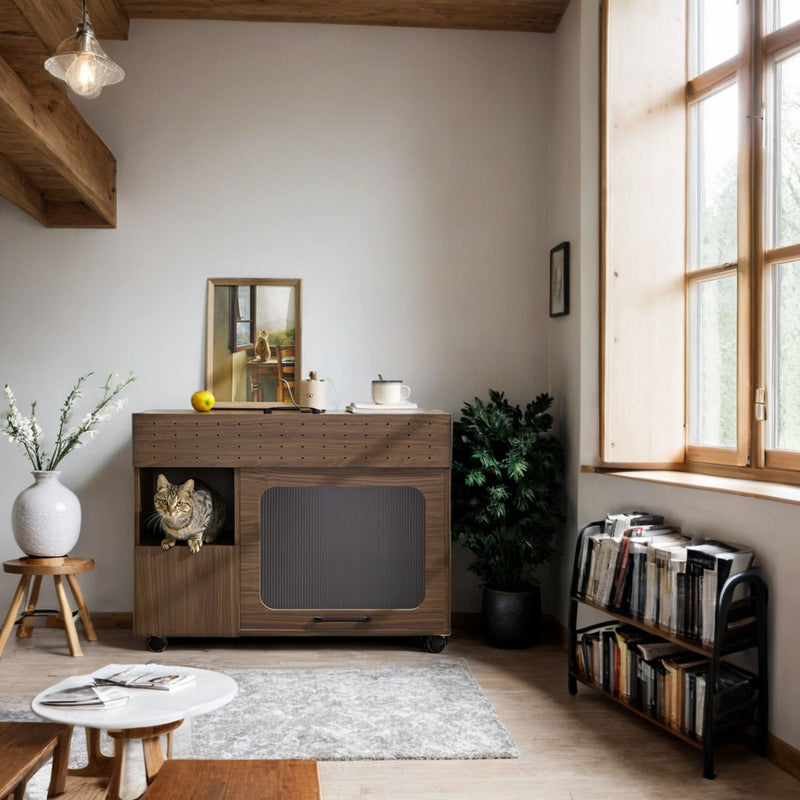 Furniture Style Multi Use Cat Litter Box House With Storage - Walnut