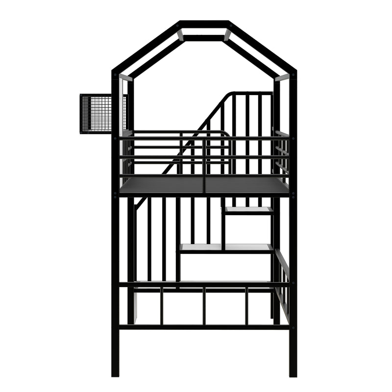 Metal Loft Bed with roof design and a storage box, Twin, Black