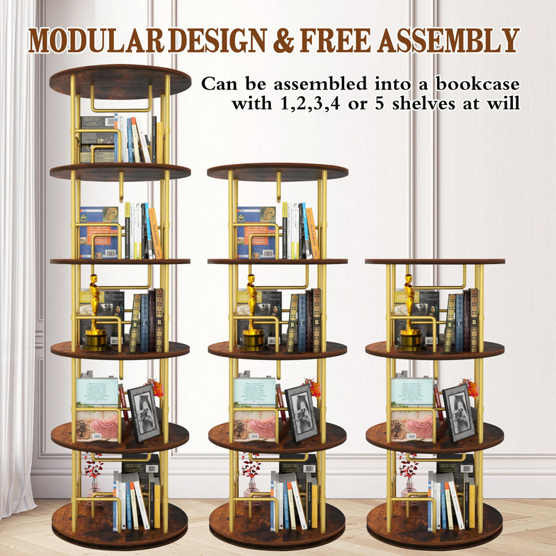 5 Tier 360 Rotating Bookshelf, Display Round Floor Standing Swivel Bookcase For Bedroom - Golden