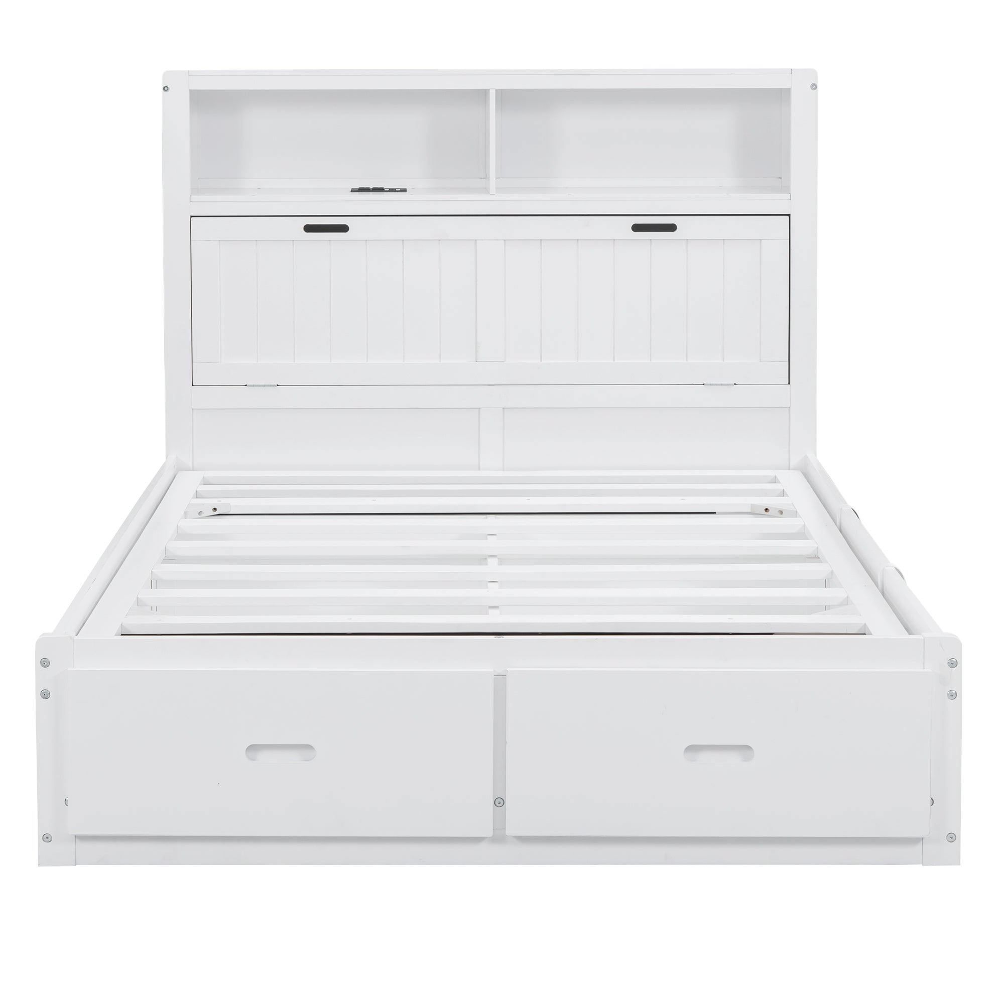 Wood Full Size Hydraulic Platform Bed with Storage LED Headboard, Charging Station and 2 Drawers, White