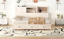 Full Size Wooden Daybed with 3 Storage Drawers, Upper Soft Board, shelf, and a set of Sockets and USB Ports, White
