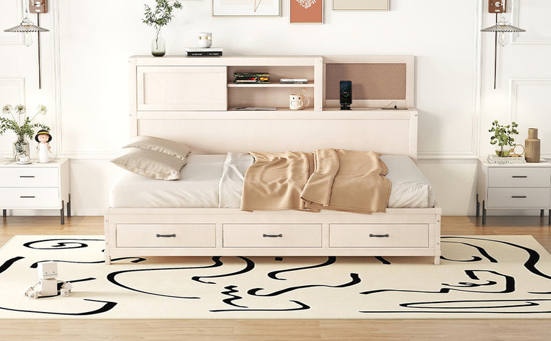 Full Size Wooden Daybed with 3 Storage Drawers, Upper Soft Board, shelf, and a set of Sockets and USB Ports, White