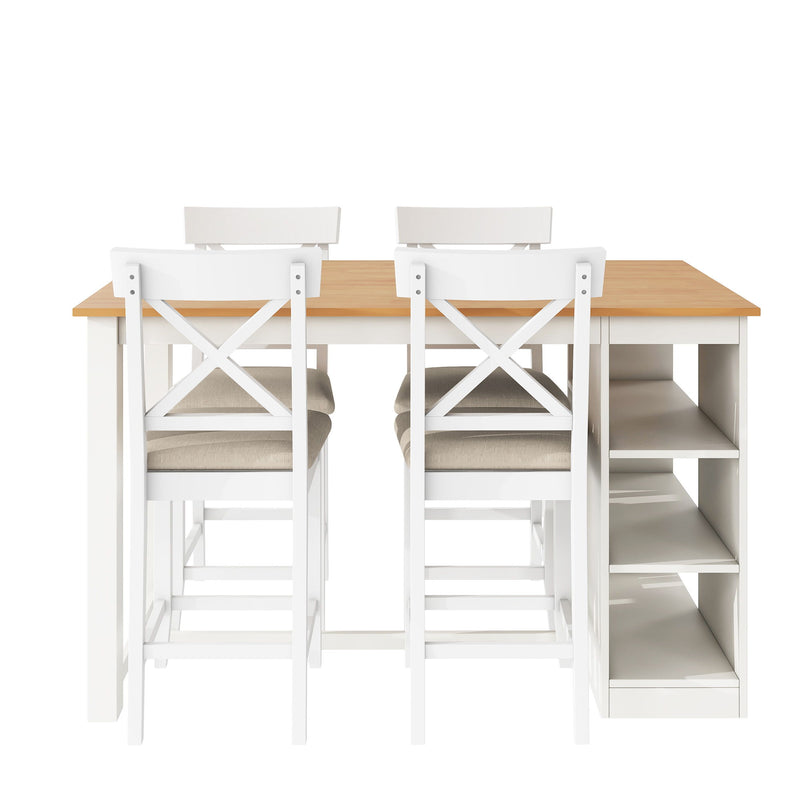 Solid Wood Farmhouse Counter Height Dining Table Set With 3 Tier Storage Shelves