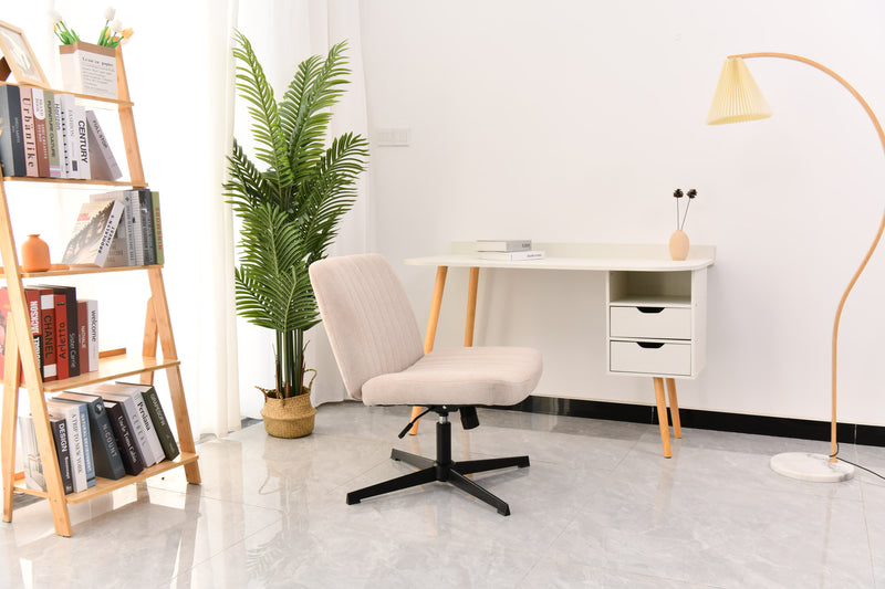 Cross Legged Office Chair, Wide Comfty Desk Chair, Vanity Home Chair No Wheels Armless Computer Task Chair, Swivel And Height Adjustable - Beige