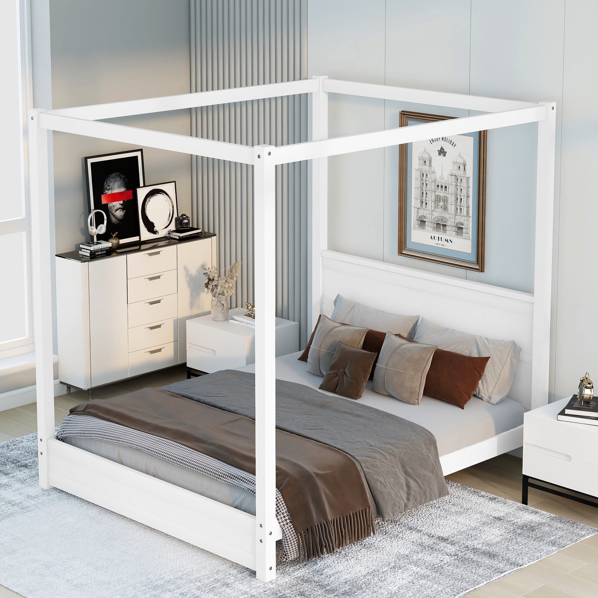 Queen Size Canopy Platform Bed with Headboard and Support Legs,White - Atlantic Fine Furniture Melbourne FL
