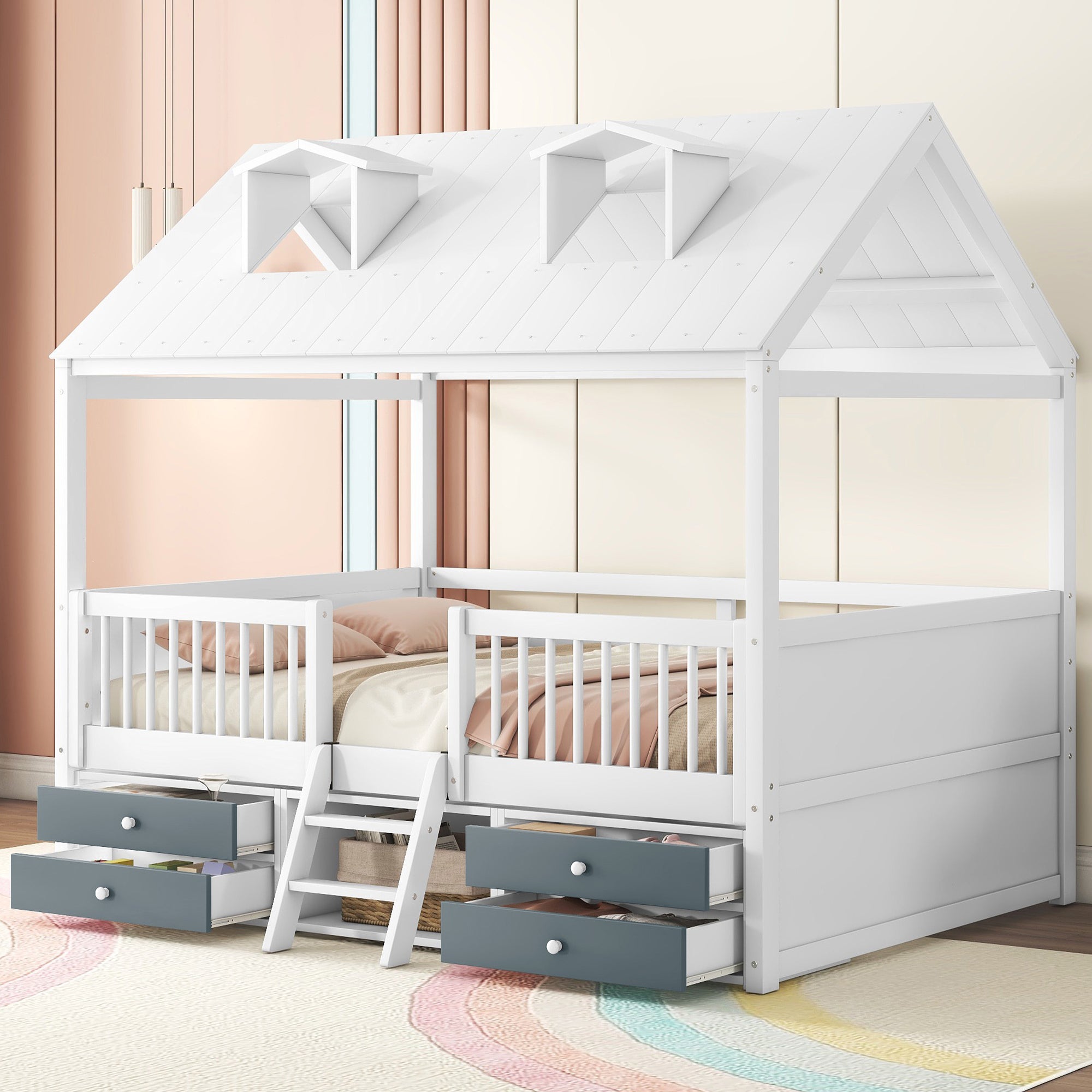 Full Size Wood Bed House Bed Frame,White - Atlantic Fine Furniture Melbourne FL