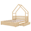 House Style Platform Bed With Guardrail And 2 Drawers