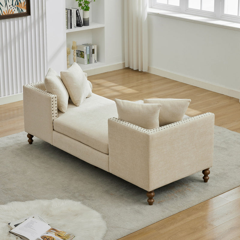 Upholstered Chaise Lounge Indoor With Nailheads, Sleeper Sofa Couch With 4 Throw Pillows & 2 Bolsters, Daybed With Rubberwood Legs