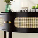 Boho Rattan Semi Circle End Table With Sliding Rattan Door, Storage And Bottom Shelf