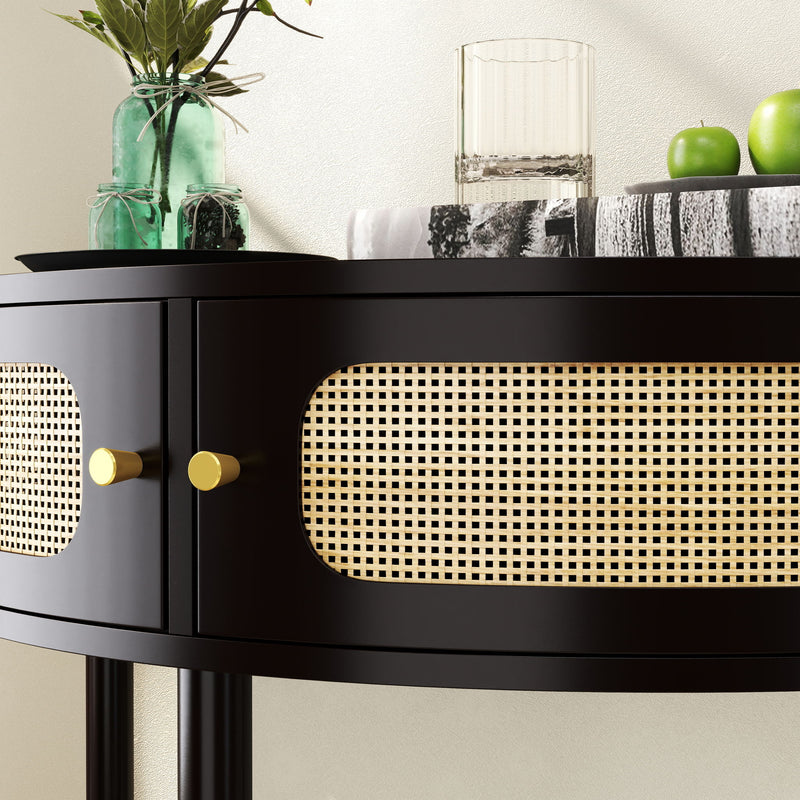 Boho Rattan Semi Circle End Table With Sliding Rattan Door, Storage And Bottom Shelf