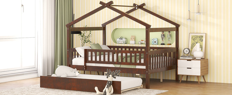 Full Size Wooden House Bed with Twin Size Trundle, Walnut