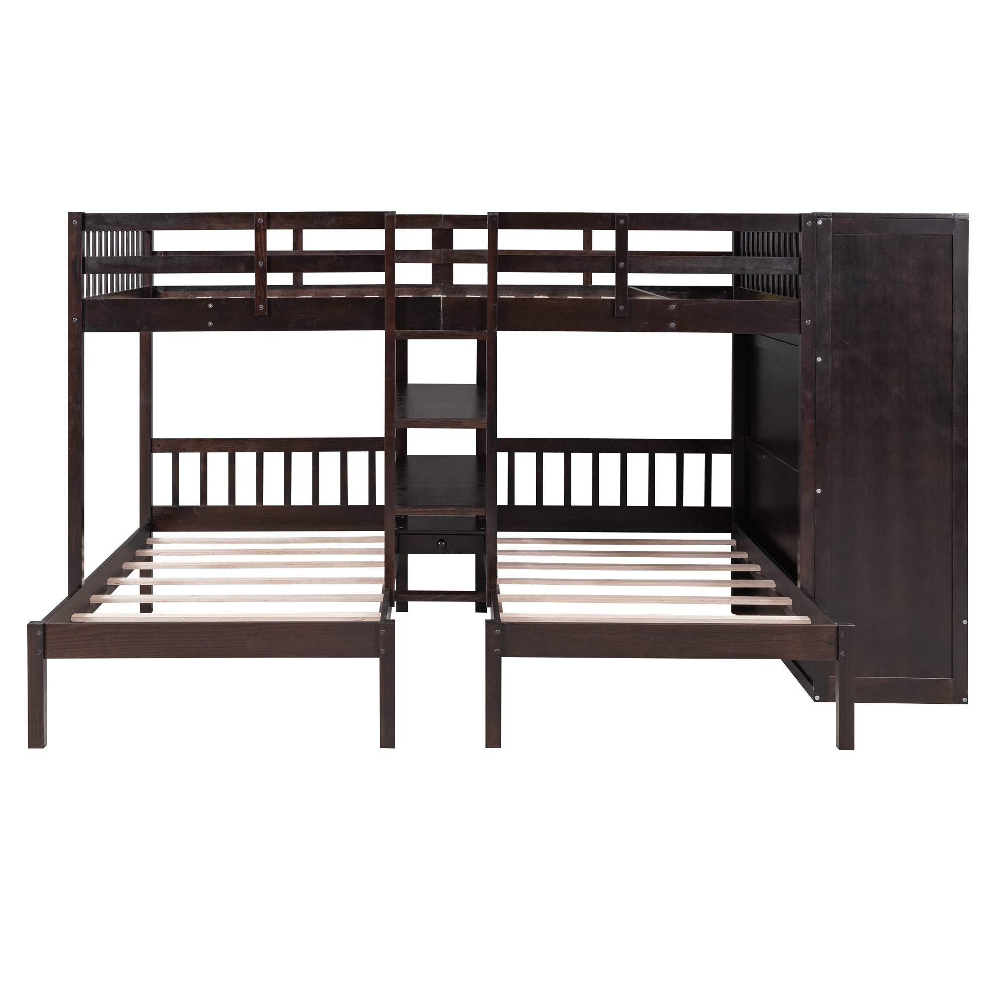 Full-Over-Twin-Twin Bunk Bed with Shelves, Wardrobe and Mirror, Espresso - Atlantic Fine Furniture Melbourne FL
