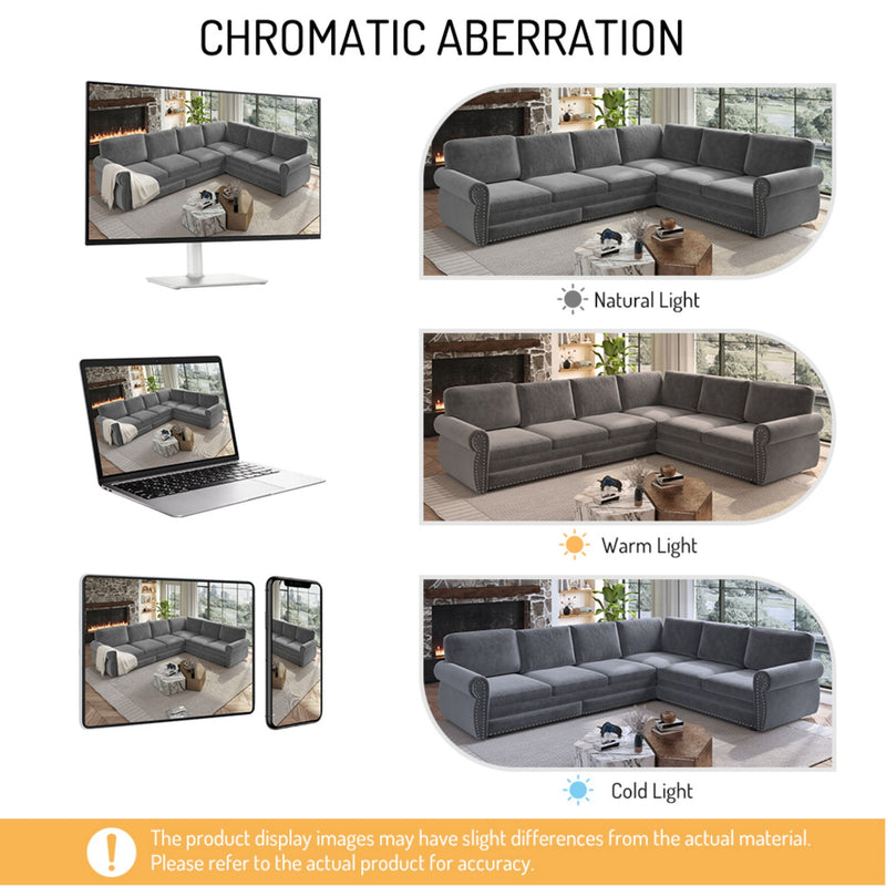 L-Shaped Sofa Couch With Pull Out Bed With Nailhead Trim & Rolled Arm, Sectional Couches, For Living Room - Light Gray