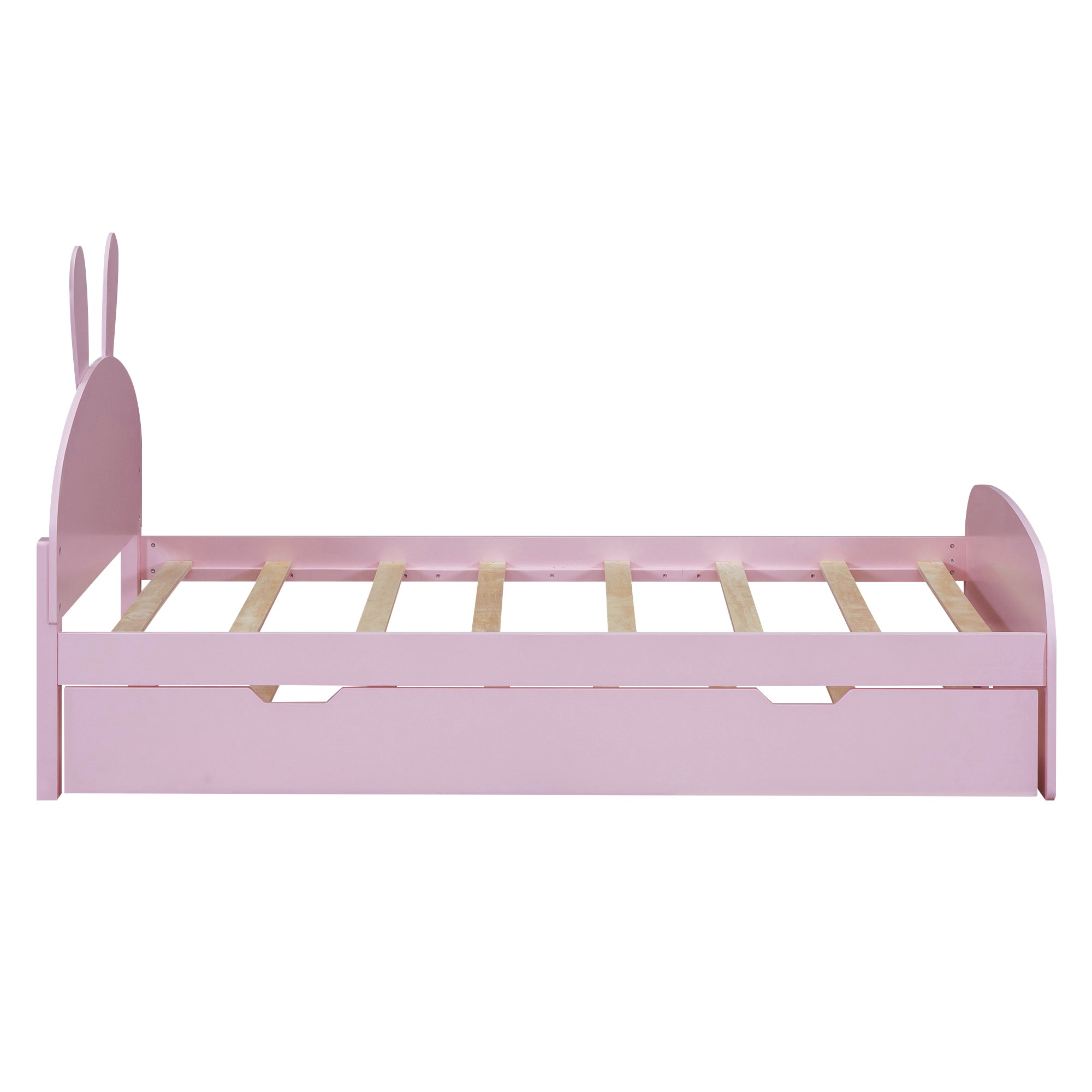 Wood Twin Size Platform Bed with Cartoon Ears Shaped Headboard and Trundle, Pink - Atlantic Fine Furniture Melbourne FL