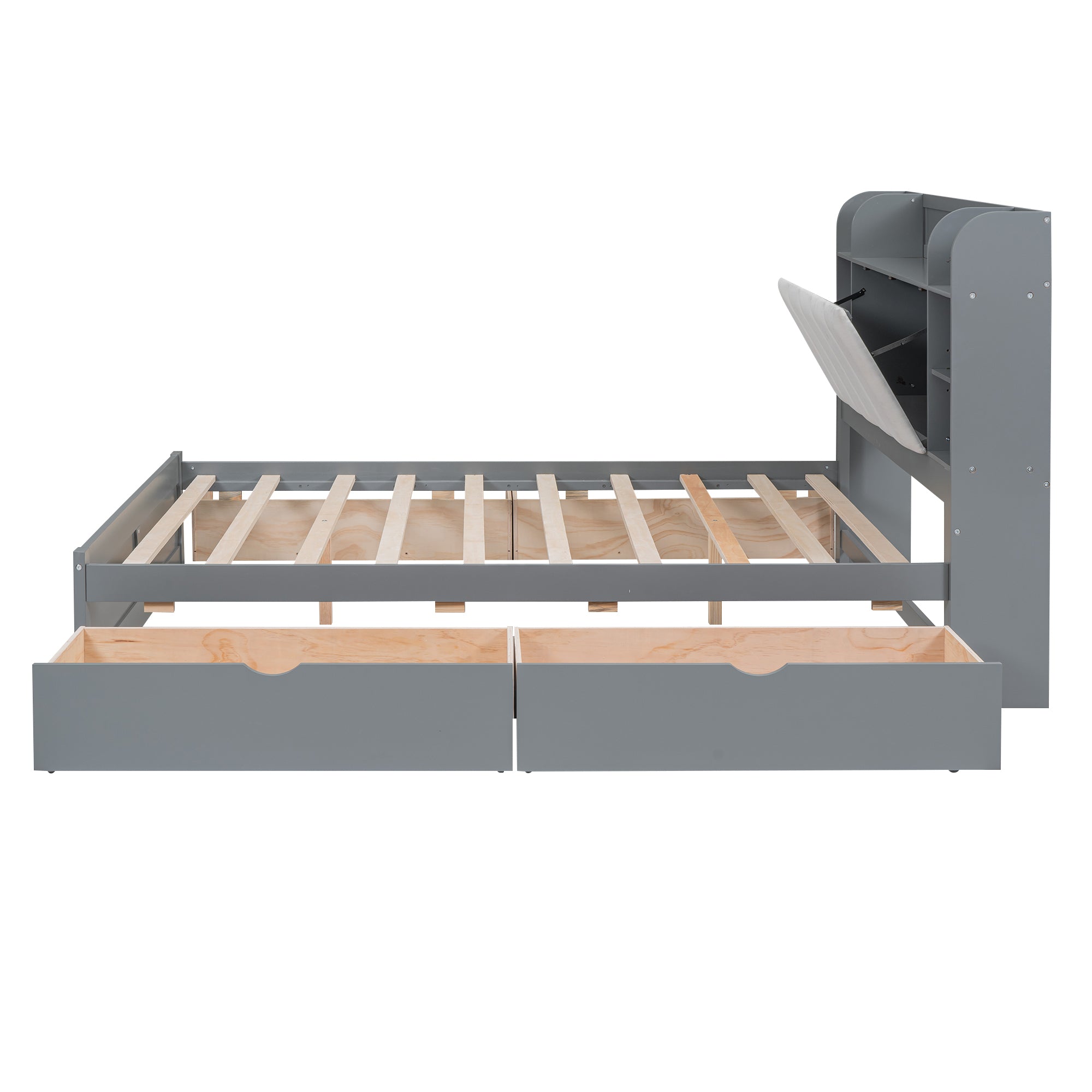 Wood Queen Size Platform Bed with Storage Headboard, Shelves and 4 Drawers, Gray - Atlantic Fine Furniture Melbourne FL