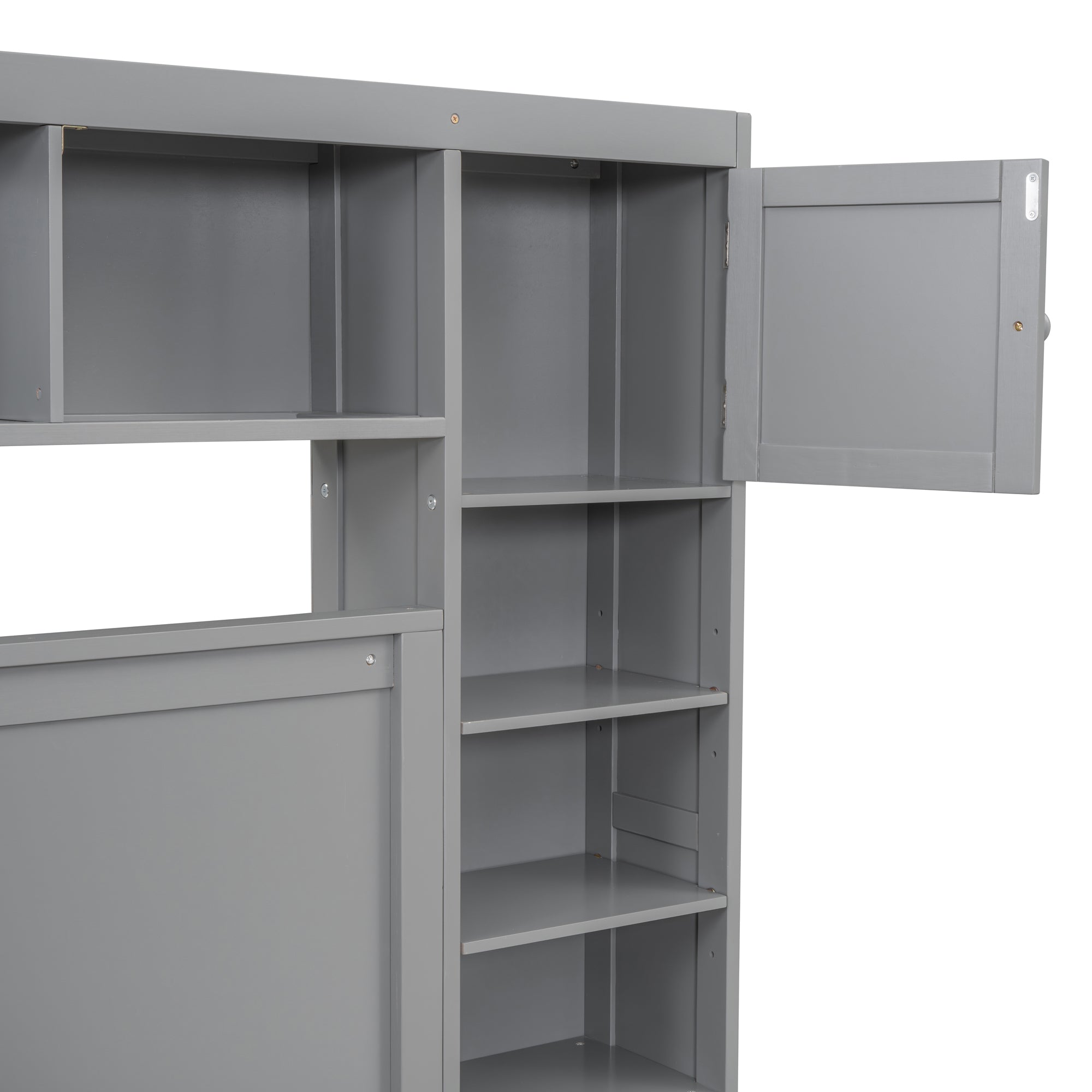Queen Size Wooden Bed With All-in-One Cabinet, Shelf and Sockets, Gray - Atlantic Fine Furniture Melbourne FL