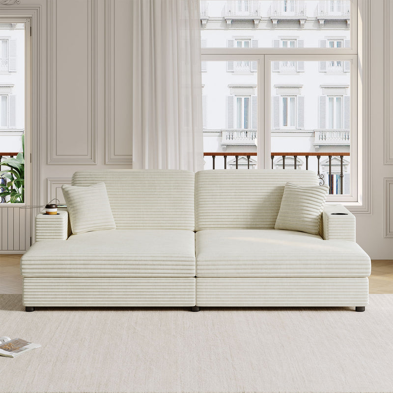 Oversized Loveseat Chaise With 2 USB Ports, 2 Cup Holders And 2 Throw Pillows