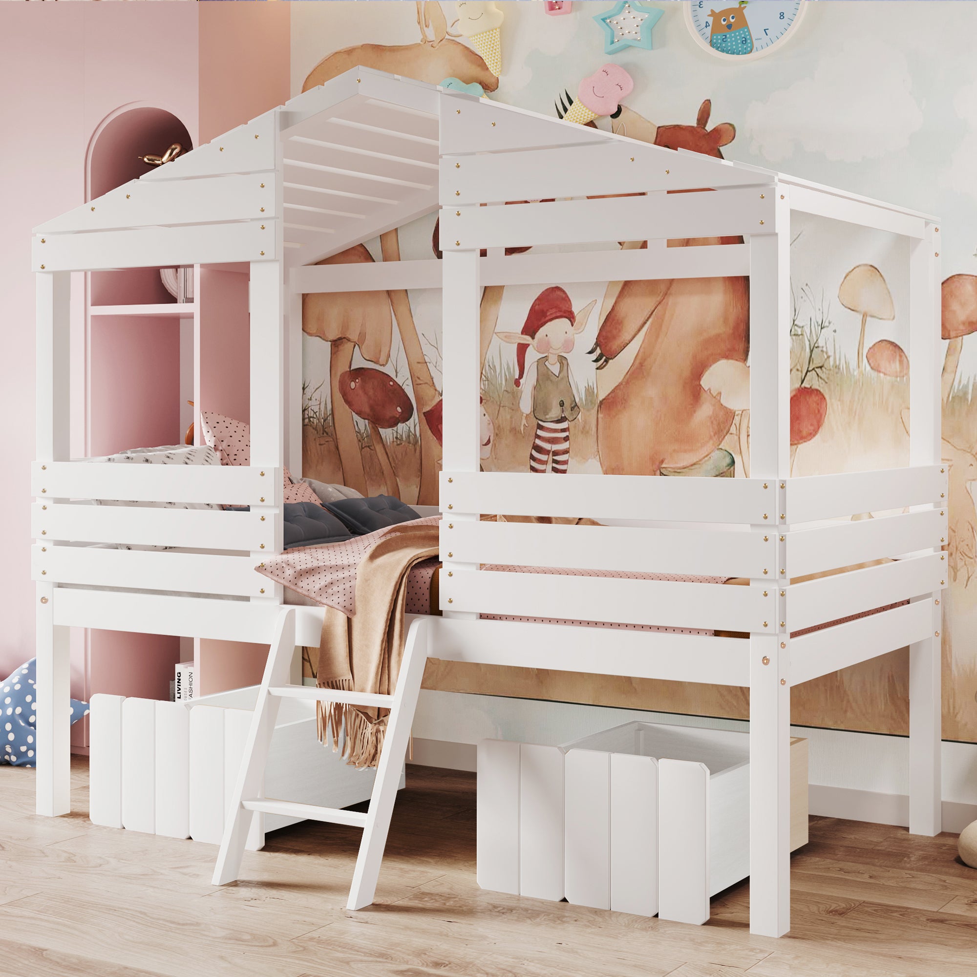 Twin Size Low Loft Wood House Bed with Two Drawers, White - Atlantic Fine Furniture Melbourne FL