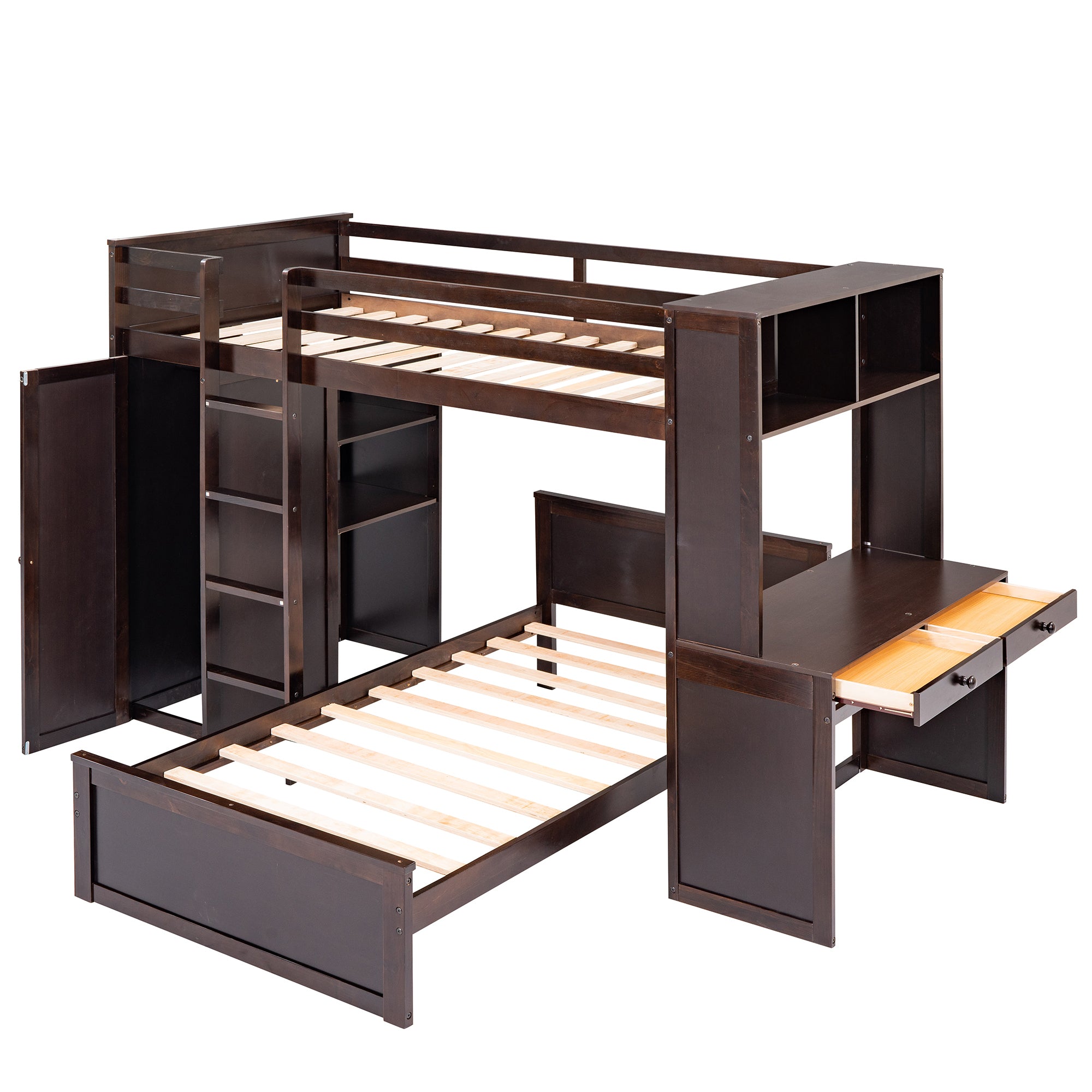 Twin size Loft Bed with a Stand-alone bed, Shelves,Desk,and Wardrobe-Espresso - Atlantic Fine Furniture Melbourne FL