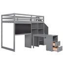 Twin Size Loft Bed with Pullable Desk and Storage Shelves,Staircase and Blackboard,Gray