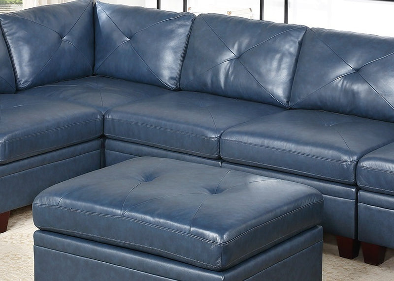 Genuine Leather Ink Blue Tufted 6pc Modular Sofa Set 2x Corner Wedge 3x Armless Chair 1x Ottoman Living Room Furniture Sofa Couch