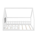 Full Size Wood House Bed with Window and Fence, White