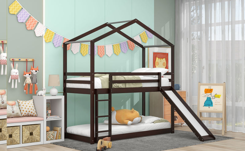 Twin Over Twin Bunk Bed with Roof, Slide and Ladder, Espresso