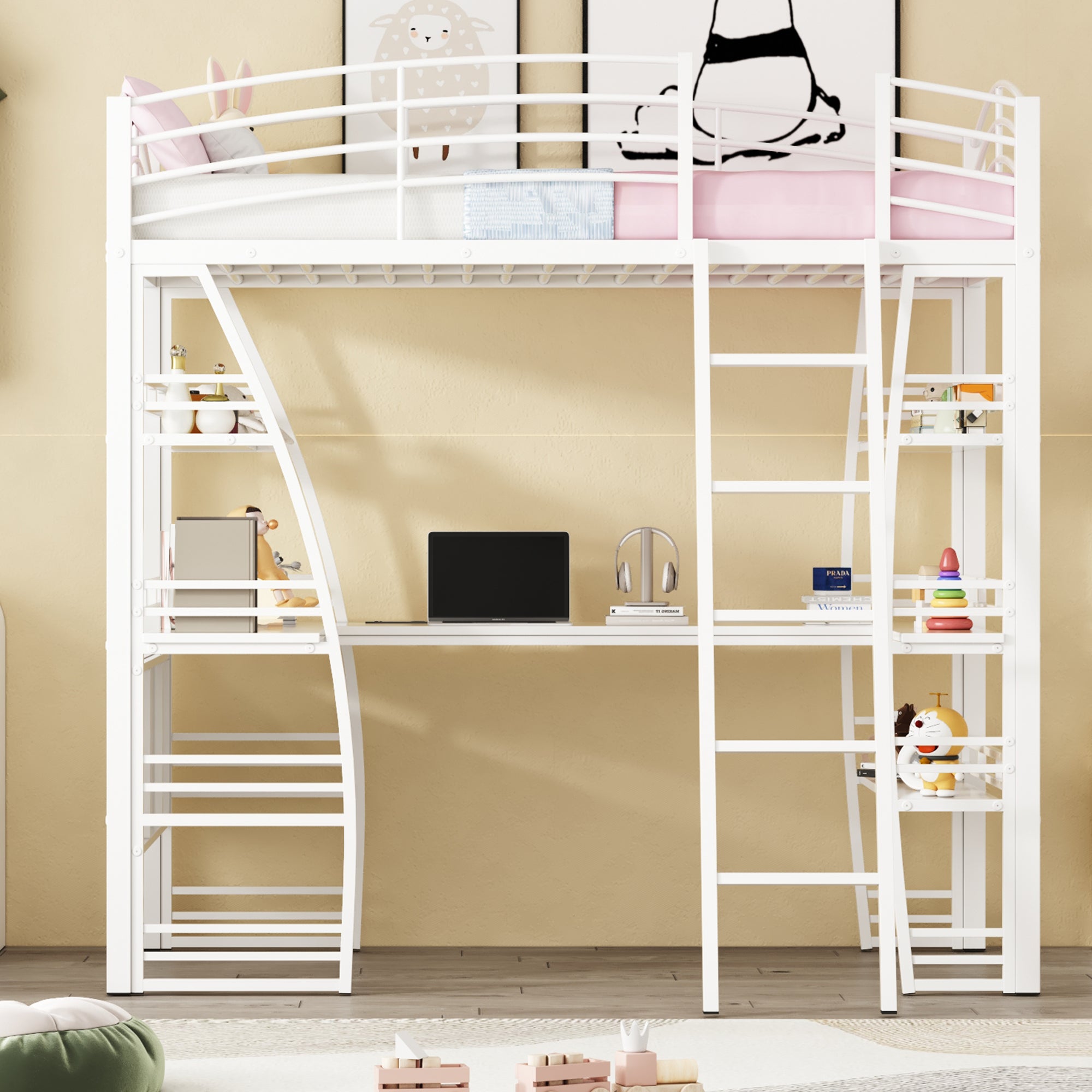 Twin Size Loft Bed with 4 Layers of Shelves and L-shaped Desk, Stylish Metal Frame Bed with a set of Sockets, USB Ports and and Wireless Charging, White - Atlantic Fine Furniture Melbourne FL
