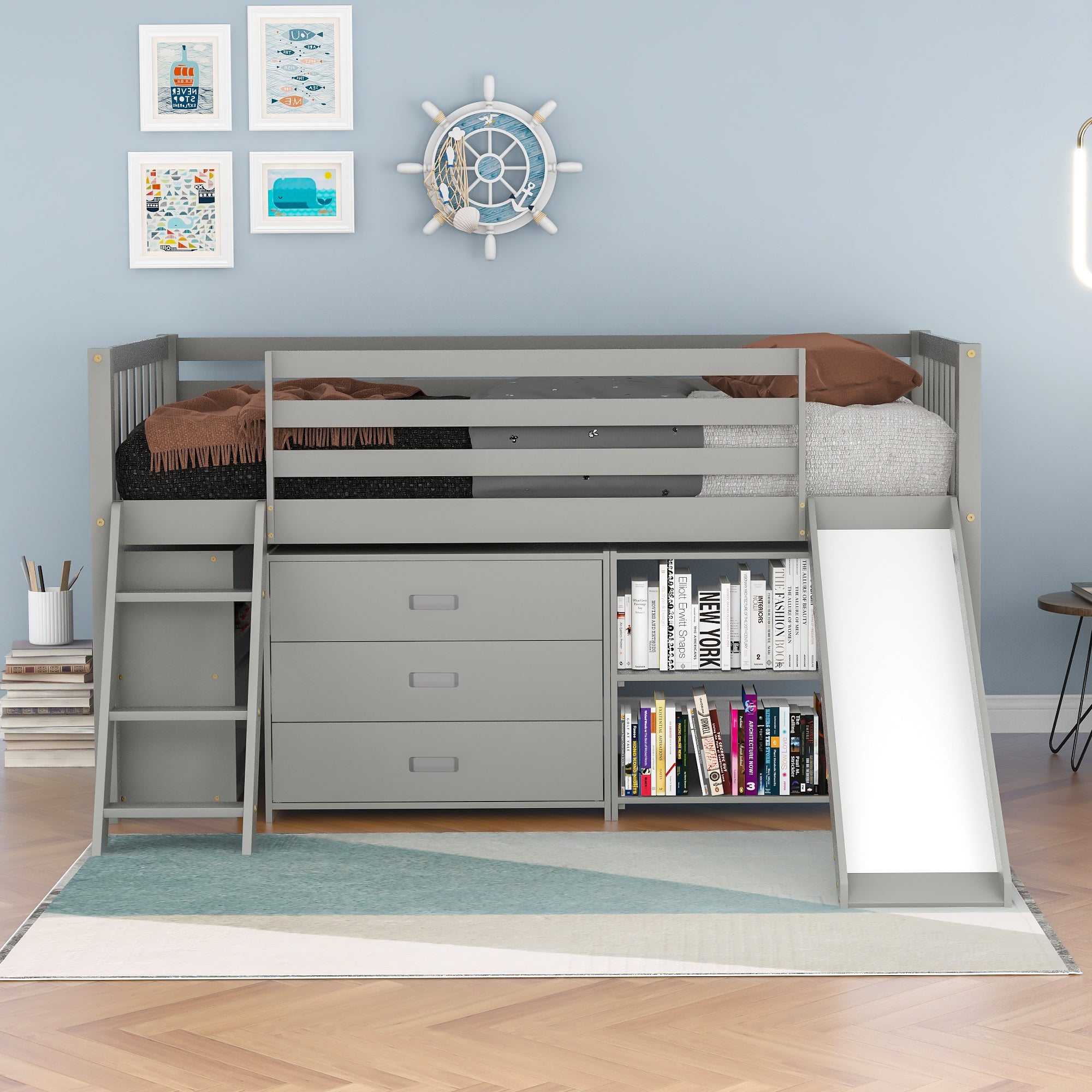 Low Loft Bed with Attached Bookcases and Separate 3-tier Drawers,Convertible Ladder and Slide,Twin,Gray - Atlantic Fine Furniture Melbourne FL