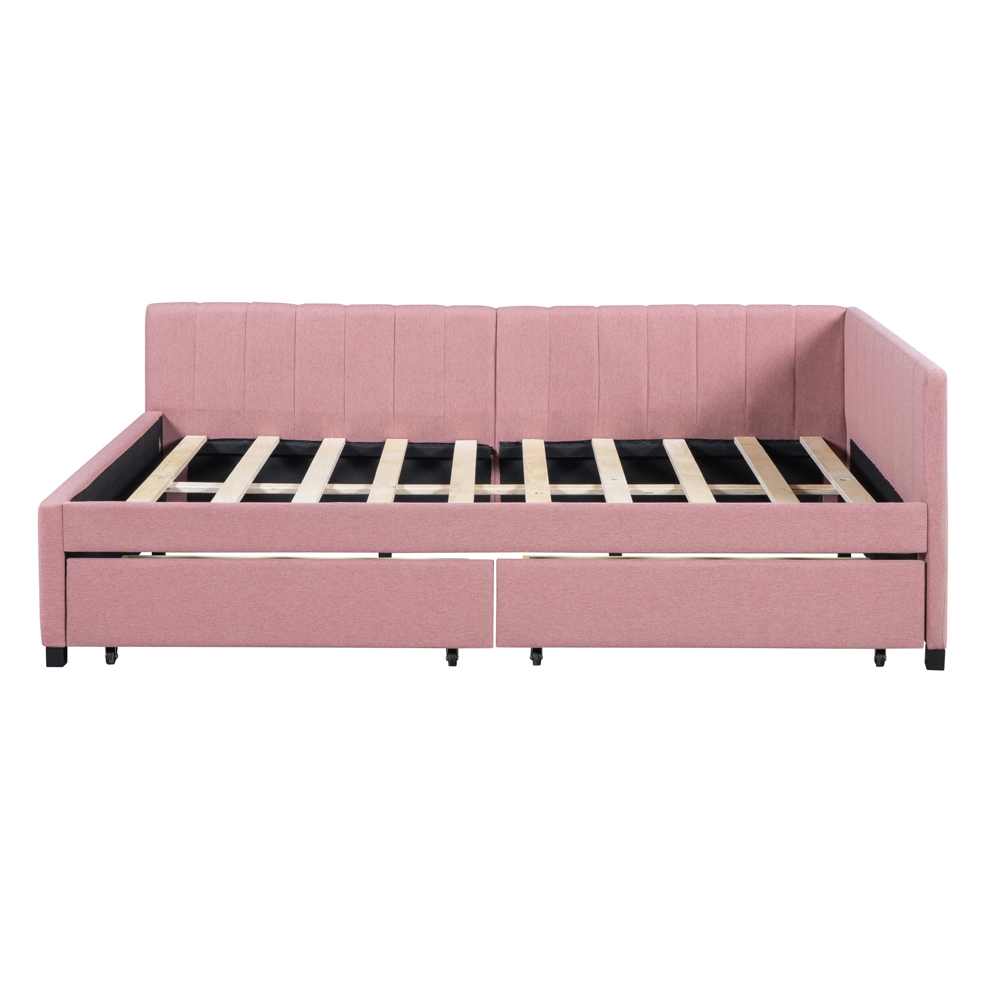Full Size Upholstered Daybed with 2 Storage Drawers Sofa Bed Frame No Box Spring Needed, Linen Fabric (Pink) - Atlantic Fine Furniture Melbourne FL