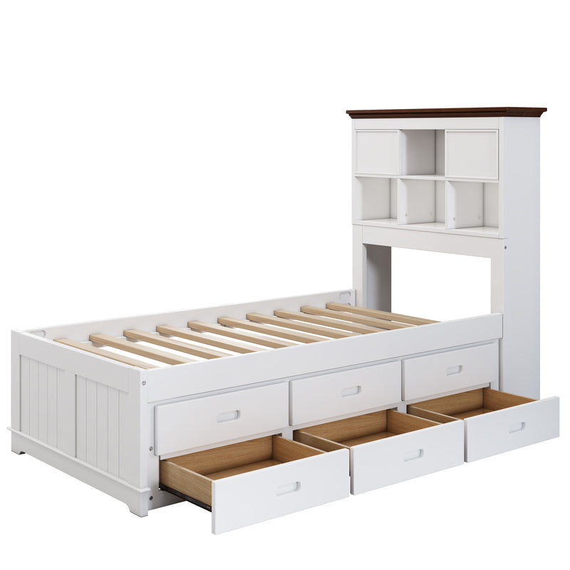 Solid Pine Captain Bookcase Bed With Trundle Bed And 3 Spacious Under Bed Drawers In Casual