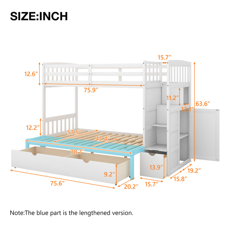 Twin over Full/Twin Bunk Bed, Convertible Bottom Bed, Storage Shelves and Drawers, White