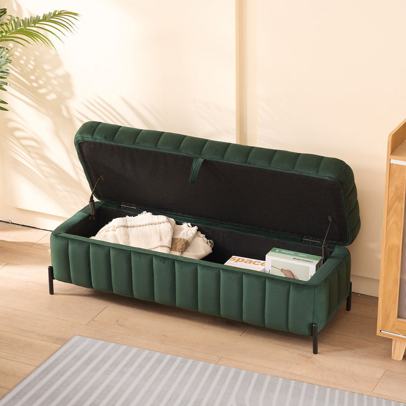 Wide Upholstered Velvet Storage Soft Bench Ottoman With Metal Legs
